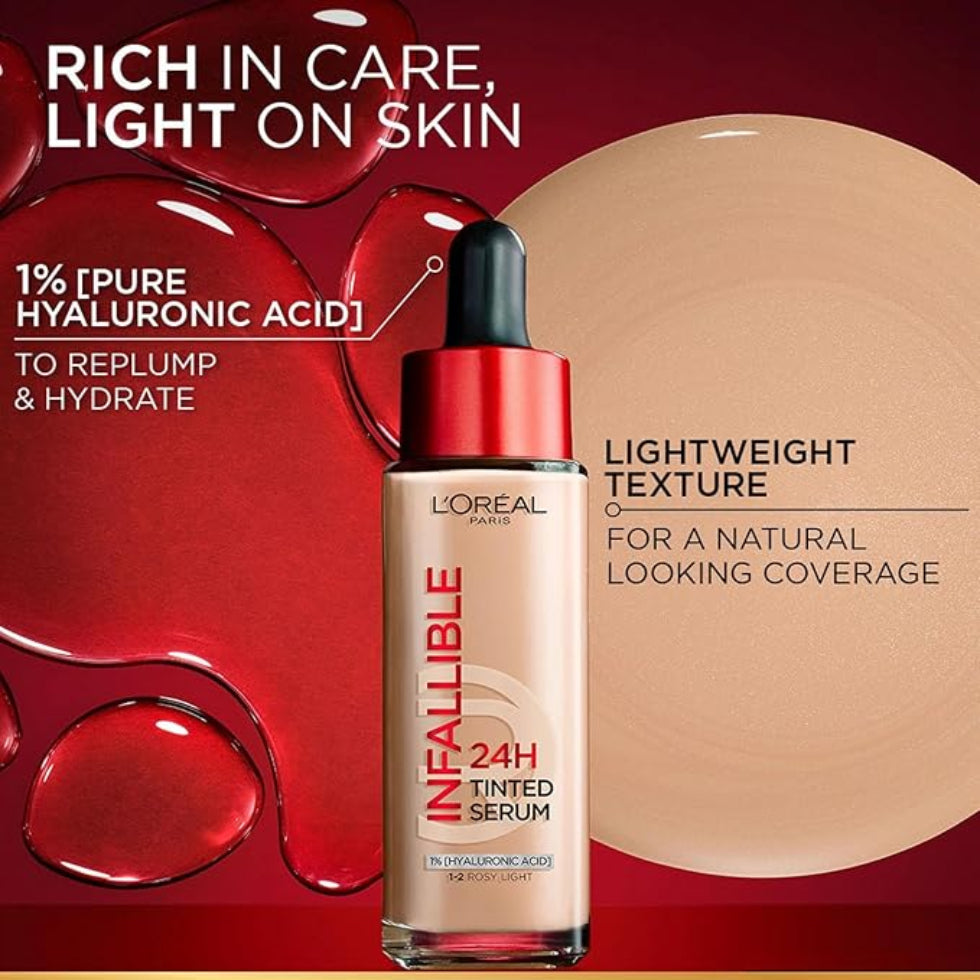 L'Oreal Paris Infallible 24H Tinted Serum Foundation, Light-Weight Coverage, Dewy & Radiant Finish, Transfer-Proof, 30Ml